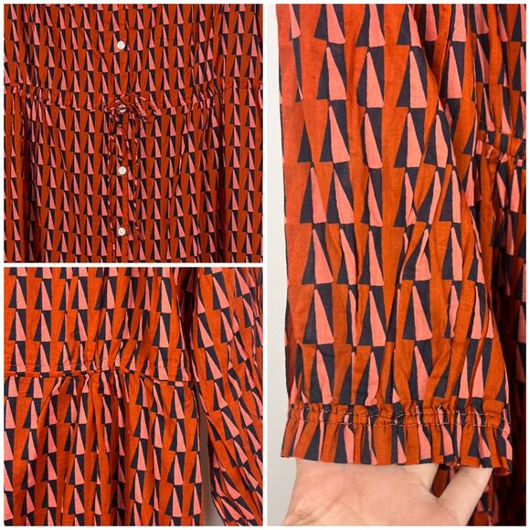 Trovata Birds of Paradis L Geometric Print Button Front Midi Dress Orange Long - Picture 6 of 11